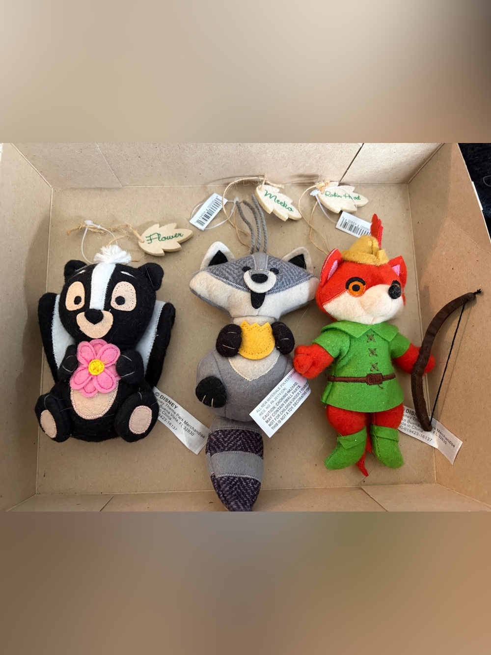 Disney Flower, Meeko and Robin Hood plush ornaments